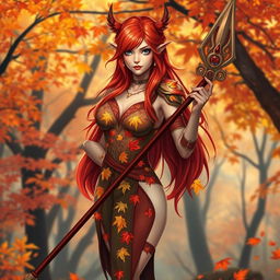 A beautiful female Autumn Eladrin, characterized by vibrant, multicolored autumn leaves adorning her elegant outfit