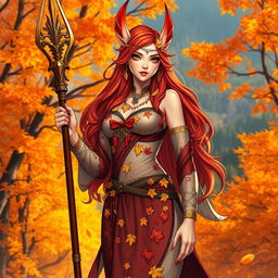 A beautiful female Autumn Eladrin, characterized by vibrant, multicolored autumn leaves adorning her elegant outfit