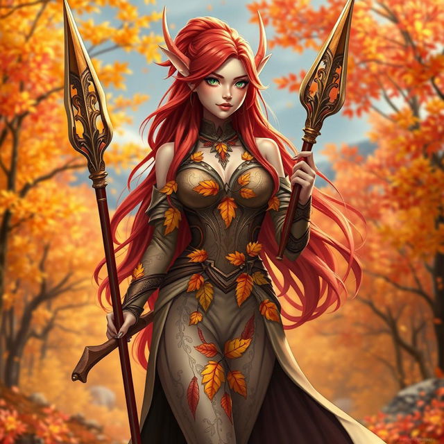 A beautiful female Autumn Eladrin, characterized by vibrant, multicolored autumn leaves adorning her elegant outfit