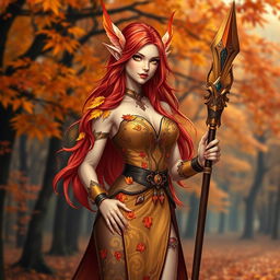 A beautiful female Autumn Eladrin, characterized by vibrant, multicolored autumn leaves adorning her elegant outfit