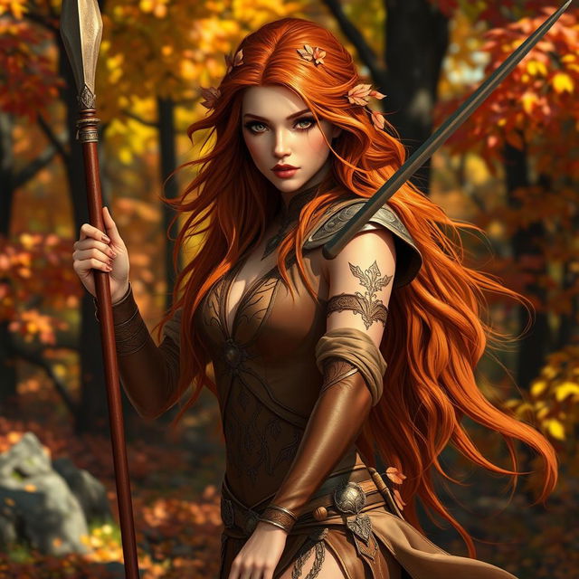 A female Autumn Eladrin warrior, gracefully poised with a sleek spear in her hand