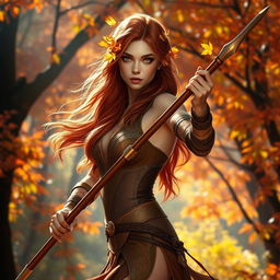 A female Autumn Eladrin warrior, gracefully poised with a sleek spear in her hand