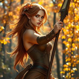 A female Autumn Eladrin warrior, gracefully poised with a sleek spear in her hand