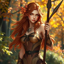 A female Autumn Eladrin warrior, gracefully poised with a sleek spear in her hand