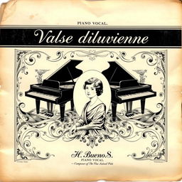 A beautifully aged vintage black and white sheet music cover for a piano and vocal piece titled 'Valse diluvienne'