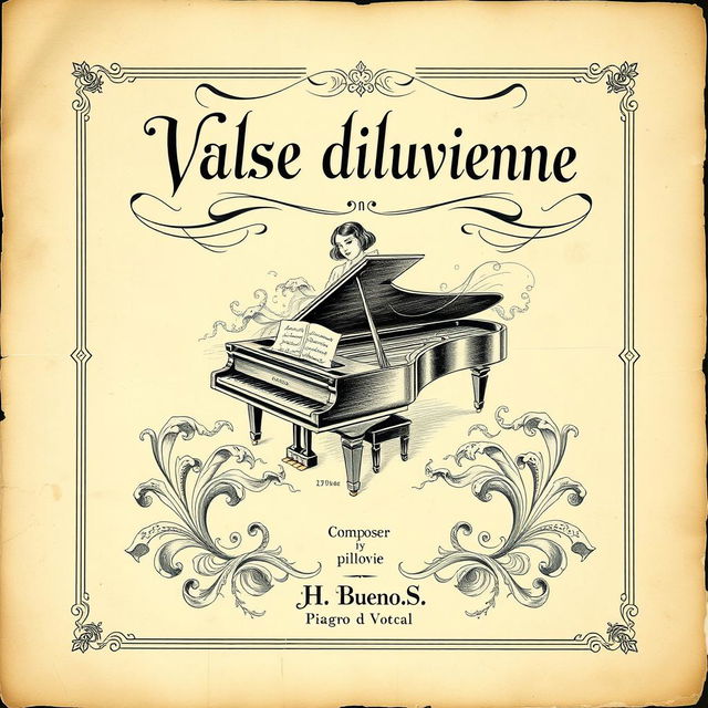 A beautifully aged vintage black and white sheet music cover for a piano and vocal piece titled 'Valse diluvienne'