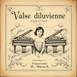 A beautifully aged vintage black and white sheet music cover for a piano and vocal piece titled 'Valse diluvienne'