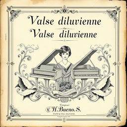 A beautifully aged vintage black and white sheet music cover for a piano and vocal piece titled 'Valse diluvienne'