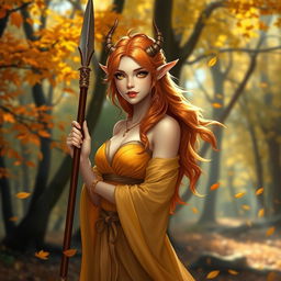 A beautiful female Autumn Eladrin, standing confidently with a spear in hand