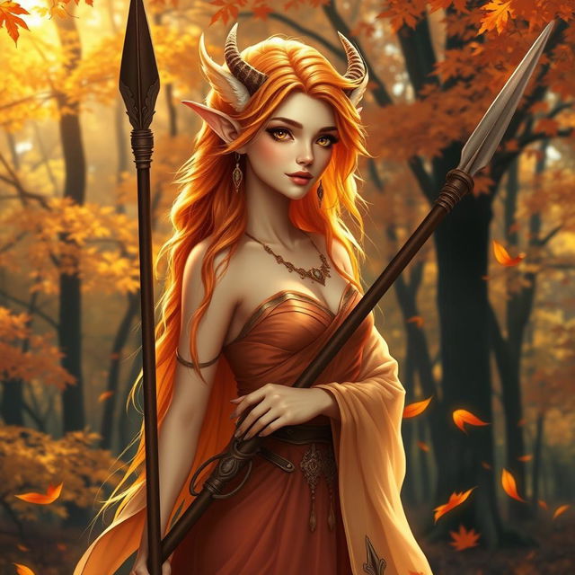 A beautiful female Autumn Eladrin, standing confidently with a spear in hand