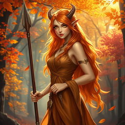 A beautiful female Autumn Eladrin, standing confidently with a spear in hand
