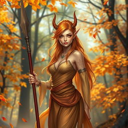 A beautiful female Autumn Eladrin, standing confidently with a spear in hand