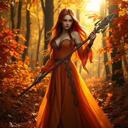 An enchanting female Autumn Eladrin standing gracefully in a vibrant, leaf-covered forest