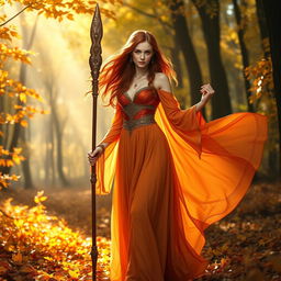 An enchanting female Autumn Eladrin standing gracefully in a vibrant, leaf-covered forest
