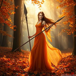 An enchanting female Autumn Eladrin standing gracefully in a vibrant, leaf-covered forest