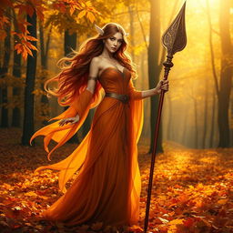 An enchanting female Autumn Eladrin standing gracefully in a vibrant, leaf-covered forest