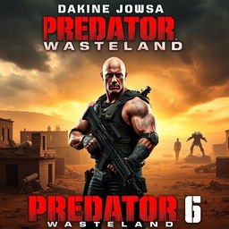 A thrilling promotional image for 'PREDATOR 6: Wasteland (2025)' featuring Dwayne Johnson as a rugged and battle-ready hero in a desolate wasteland setting
