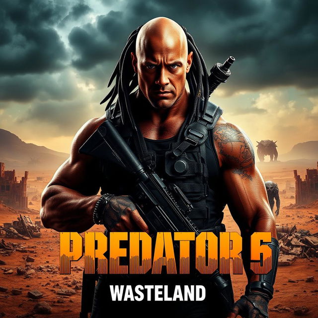 A thrilling promotional image for 'PREDATOR 6: Wasteland (2025)' featuring Dwayne Johnson as a rugged and battle-ready hero in a desolate wasteland setting