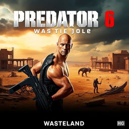 A thrilling promotional image for 'PREDATOR 6: Wasteland (2025)' featuring Dwayne Johnson as a rugged and battle-ready hero in a desolate wasteland setting