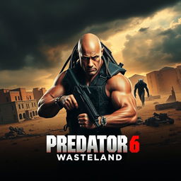 A thrilling promotional image for 'PREDATOR 6: Wasteland (2025)' featuring Dwayne Johnson as a rugged and battle-ready hero in a desolate wasteland setting