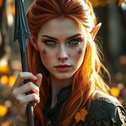 A stunning headshot of a female Autumn Eladrin, characterized by her vibrant autumn-colored hair that blends hues of deep red, orange, and gold