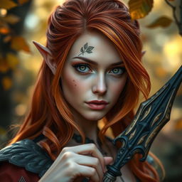 A stunning headshot of a female Autumn Eladrin, characterized by her vibrant autumn-colored hair that blends hues of deep red, orange, and gold