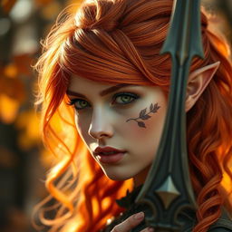 A stunning headshot of a female Autumn Eladrin, characterized by her vibrant autumn-colored hair that blends hues of deep red, orange, and gold