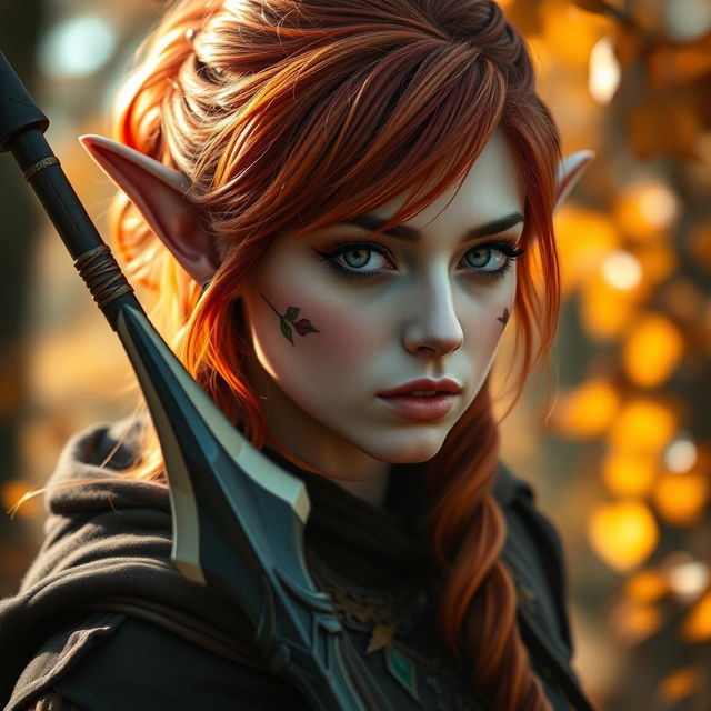 A stunning headshot of a female Autumn Eladrin, characterized by her vibrant autumn-colored hair that blends hues of deep red, orange, and gold