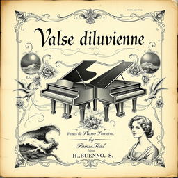 A captivating vintage black and white sheet music cover for a piano and vocal piece titled 'Valse diluvienne'
