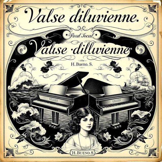 A captivating vintage black and white sheet music cover for a piano and vocal piece titled 'Valse diluvienne'