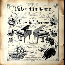 A captivating vintage black and white sheet music cover for a piano and vocal piece titled 'Valse diluvienne'