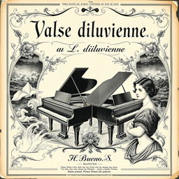 A captivating vintage black and white sheet music cover for a piano and vocal piece titled 'Valse diluvienne'