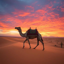 A picturesque desert scene featuring a camel gracefully walking across golden sand dunes