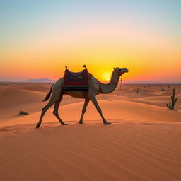 A picturesque desert scene featuring a camel gracefully walking across golden sand dunes