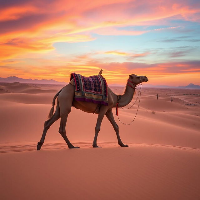 A picturesque desert scene featuring a camel gracefully walking across golden sand dunes