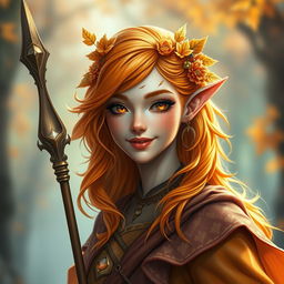 A female Autumn Eladrin with vibrant orange and yellow hair, adorned with intricate leaves and flowers, smiling slightly