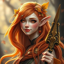 A female Autumn Eladrin with vibrant orange and yellow hair, adorned with intricate leaves and flowers, smiling slightly