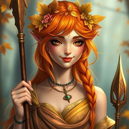 A female Autumn Eladrin with vibrant orange and yellow hair, adorned with intricate leaves and flowers, smiling slightly