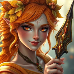 A female Autumn Eladrin with vibrant orange and yellow hair, adorned with intricate leaves and flowers, smiling slightly