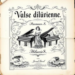 A captivating vintage black and white sheet music cover for a piano and vocal piece titled 'Valse diluvienne'
