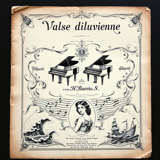 A captivating vintage black and white sheet music cover for a piano and vocal piece titled 'Valse diluvienne'