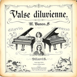 A captivating vintage black and white sheet music cover for a piano and vocal piece titled 'Valse diluvienne'