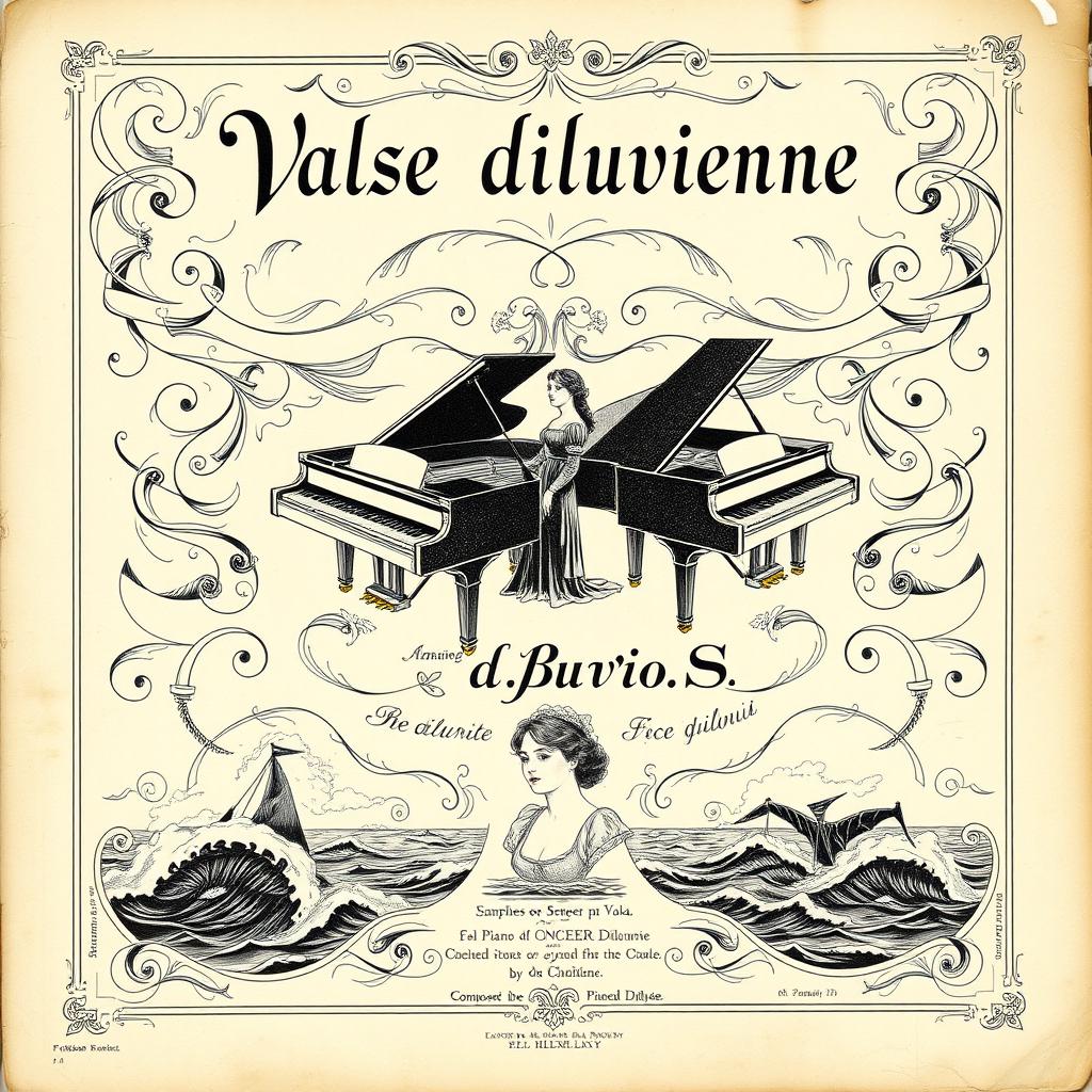 A captivating vintage black and white sheet music cover for a piano and vocal piece titled 'Valse diluvienne'