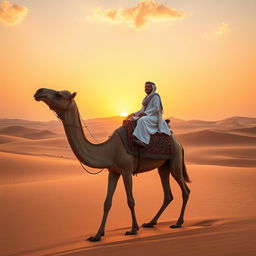 A majestic camel being ridden through a vast desert landscape during sunset