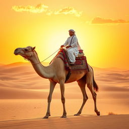 A majestic camel being ridden through a vast desert landscape during sunset