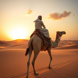 A majestic camel being ridden through a vast desert landscape during sunset