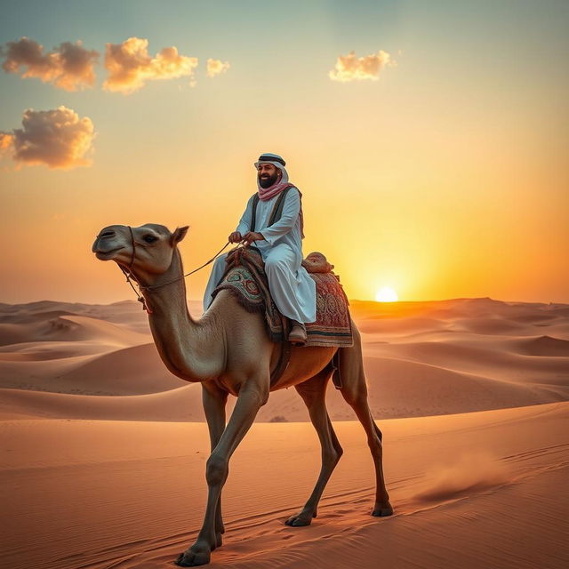 A majestic camel being ridden through a vast desert landscape during sunset