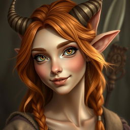 A headshot of a female Autumn Eladrin, featuring warm autumnal colors in her hair and skin that reflect the hues of fall leaves, such as oranges, yellows, and reds