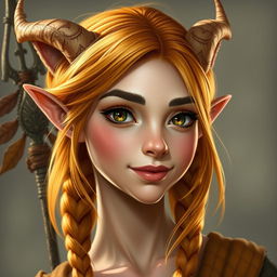 A headshot of a female Autumn Eladrin, featuring warm autumnal colors in her hair and skin that reflect the hues of fall leaves, such as oranges, yellows, and reds