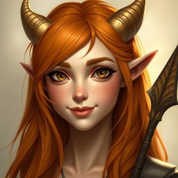 A headshot of a female Autumn Eladrin, featuring warm autumnal colors in her hair and skin that reflect the hues of fall leaves, such as oranges, yellows, and reds